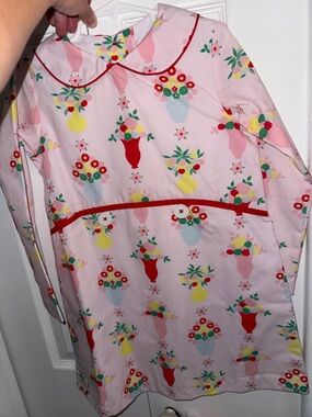 Girls Pink Floral Vase Print Long Sleeve Dress with Red Trim